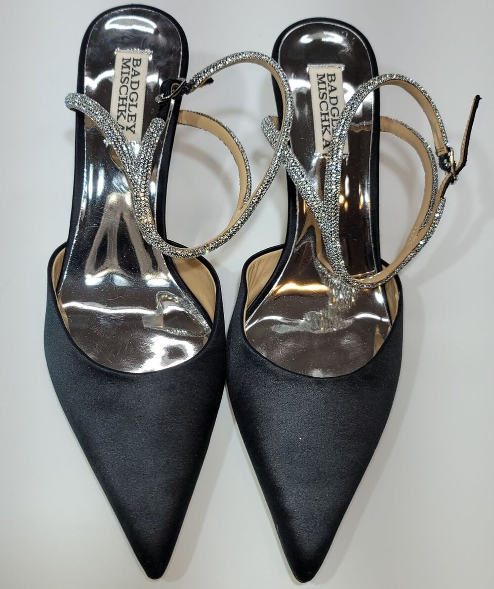 Badgley Mischka Black Satin Crystal Ankle Strap Kitten Heels Women Size 8‎